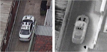 A police vehicle fitted with both Mirage™ and conventional roof markings. Only the Mirage™ markings are visible in the thermal infrared image.